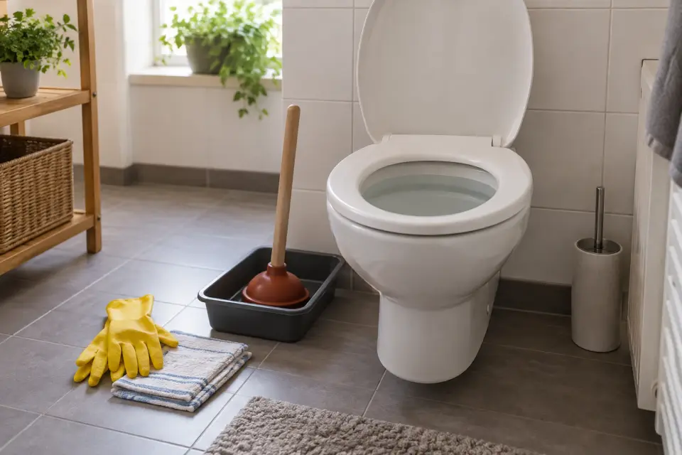 Verstopftes WC mit erhöhtem Wasserstand und bereitliegender WC-Saugglocke in einem gepflegten Badezimmer.